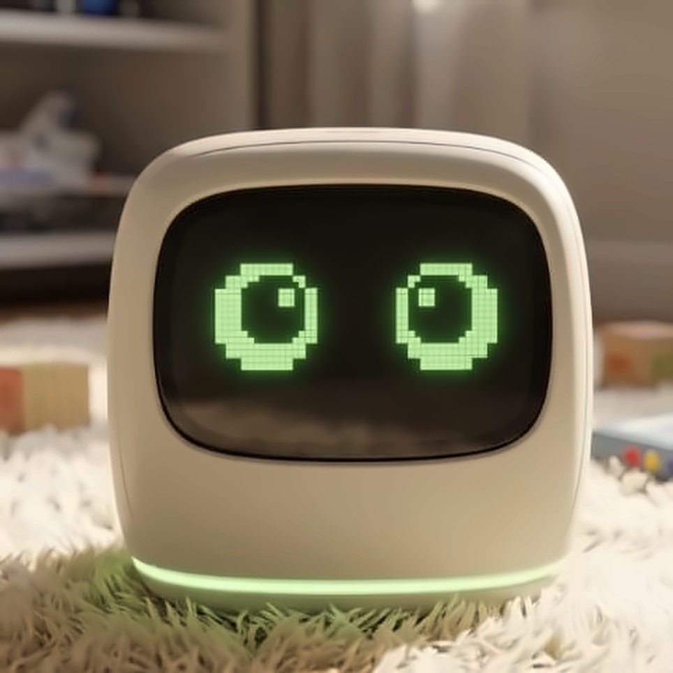 BIPO, a cream retro-handheld robot with glowing green pixel eyes, sitting on a rug in a child's playroom